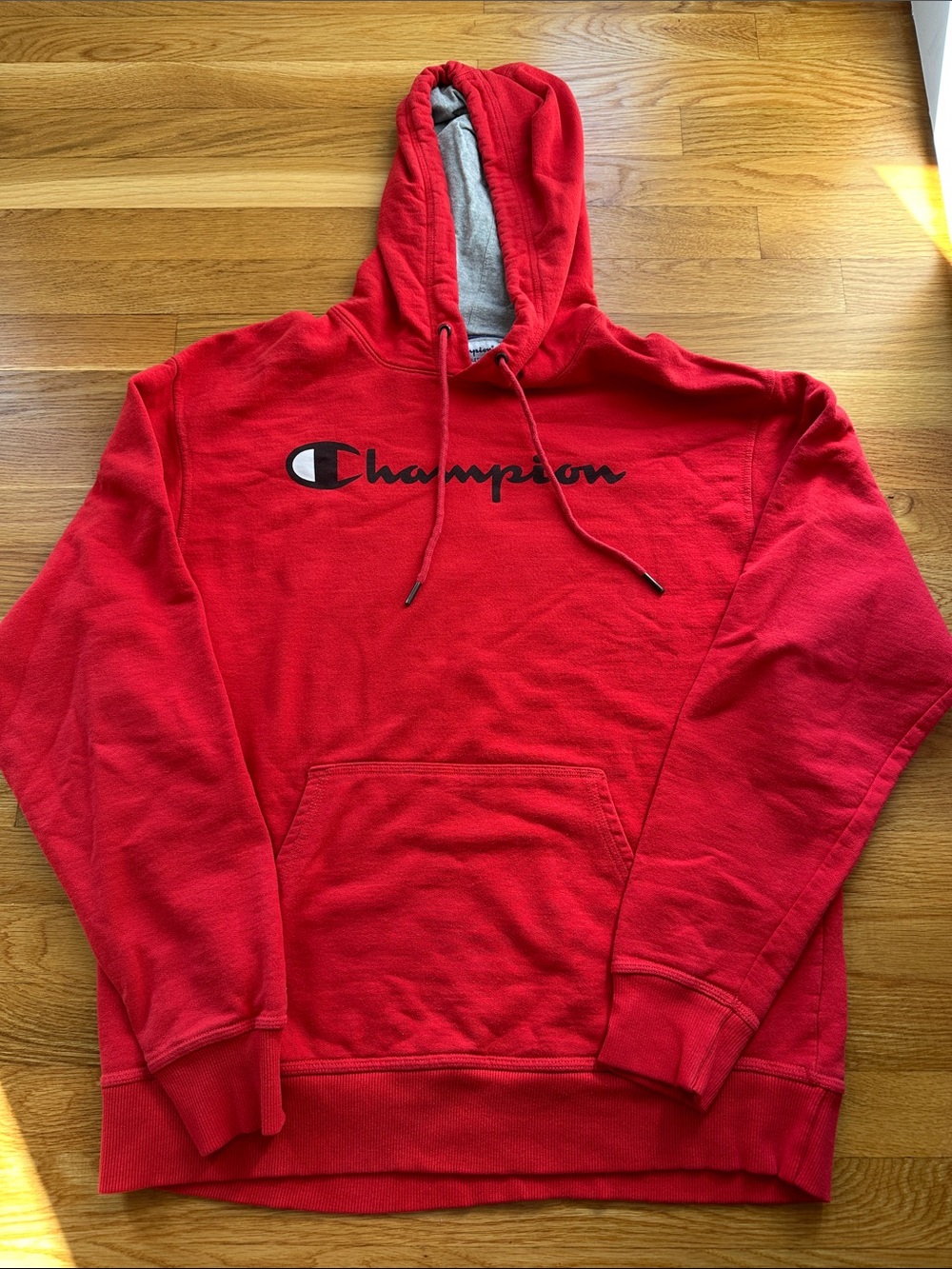 Champion Red Large Hoodie sweatshirts with Script Logo good condition